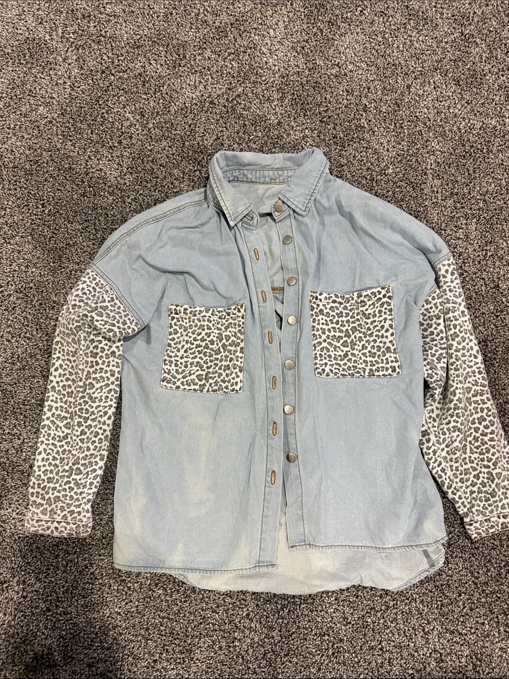 Light Blue Denim Shirt with Leopard Print Pockets & Sleeves